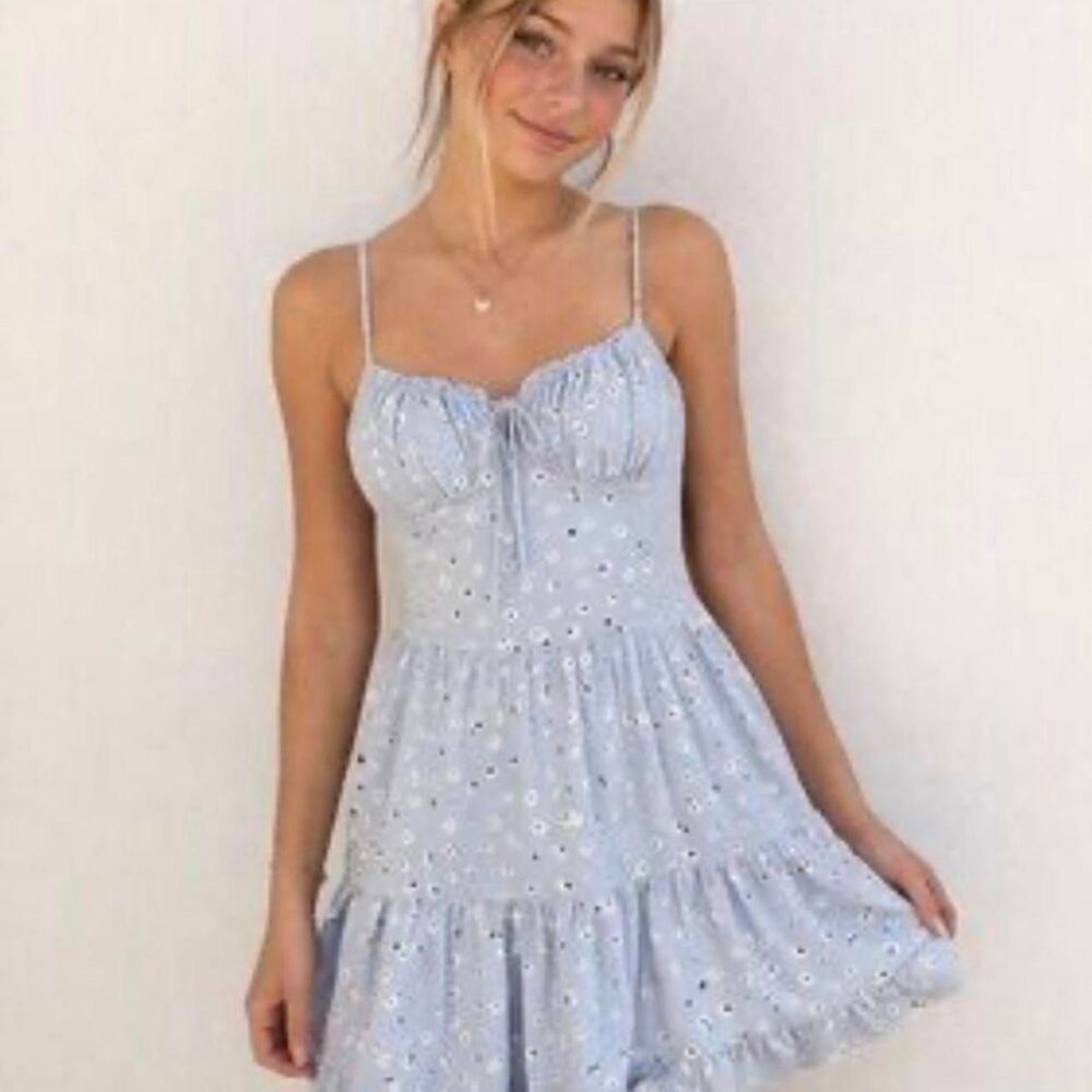 Hollister Light Blue Ditsy Floral Smocked Tiered Mini Dress XS